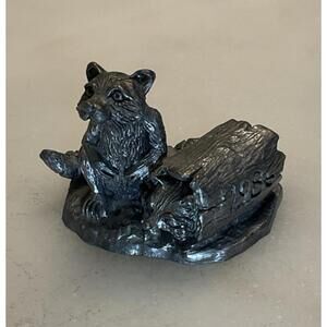 Michael Ricker Pewter Figurine Raccoons In A Wooden Log Statue SIGNED 1986